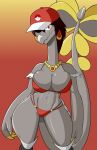  4_fingers absurd_res anthro big_breasts bikini breasts claws clothed clothing dragon female fingers hat headgear headwear hi_res jewelry kommo-o long_neck looking_at_viewer necklace nintendo pok&eacute;mon pok&eacute;mon_(species) smile solo swimwear tansau video_games wide_hips 