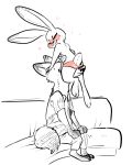  anthro blush canid canine clothed clothing disney drunk duo eyes_closed facesitting female fox hi_res judy_hopps lagomorph leporid long_ears male mammal nick_wilde nobby_(artist) rabbit scut_tail simple_background sitting sketch sofa substance_intoxication underwear vertical_bar_eyes white_background zootopia 