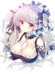  1girl azur_lane black_bow bow breasts cleavage closed_mouth collarbone earrings expressionless eyebrows_visible_through_hair formidable_(azur_lane) grey_hair hair_bow jewelry large_breasts long_hair looking_at_viewer mitsumomo_mamu red_eyes solo stud_earrings twintails upper_body 