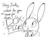  anthro black_and_white bottle clothed clothing dialogue disney english_text female holding_object judy_hopps lagomorph leporid mammal monochrome rabbit sketch solo text zhan zootopia 