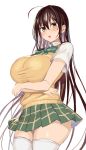  1girl absurdres ahoge arms_under_breasts bangs black_hair blush bow bowtie breasts brown_hair crossed_arms greatmosu green_neckwear green_skirt hair_between_eyes highres kotegawa_yui large_breasts long_hair open_mouth pleated_skirt school_uniform shirt short_sleeves simple_background skirt solo thighhighs thighs to_love-ru vest white_background white_legwear 