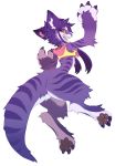  3_toes 4_fingers ambiguous_gender anthro claws clothed clothing digital_media_(artwork) fingers fur happy hi_res kemono looking_at_viewer looking_back mammal open_mouth partially_clothed pawpads paws purple_fur seel_kaiser simple_background solo toe_claws toes topwear tsukiyo unknown_species vest 
