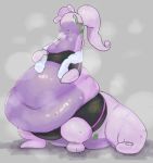  2019 ambiguous_gender antennae_(anatomy) anthro belly big_belly black_bottomwear black_clothing bodily_fluids bottomwear bra breath clothing digital_media_(artwork) dragon goodra green_eyes grey_background huff huge_tail hyper hyper_belly looking_away morbidly_obese nintendo obese open_mouth overweight pok&eacute;mon pok&eacute;mon_(species) purple_skin semi-anthro shadow simple_background solo sports_bra standing sweat sweatdrop thick_thighs towel underwear video_games wide_hips 隔離 
