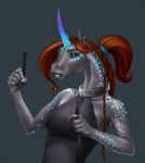  2019 anthro bioluminescence black_sclera blue_eyes braided_hair brown_hair clothing collar equid equine female glowing hair hi_res horn leash mammal pen ponytail quillu quillu_(character) solo spots unicorn 