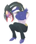  2017 absurd_res big_breasts bottomwear breasts clothing female hand_on_neck hi_res long_neck menma911 nintendo open_mouth pants pike_queen_lucy pok&eacute;mon pok&eacute;mon_(species) seviper shirt simple_background solo surprise tank_top tongue tongue_out topwear transformation video_games white_background 