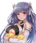  1girl absurdres animal_between_breasts azur_lane bangs bare_shoulders between_breasts bird blue_eyes blue_hair blunt_bangs blush breasts chick covered_nipples detached_sleeves eyebrows_visible_through_hair glowing glowing_eyes habu_rin hair_ribbon heterochromia highres holding_bird horns ibuki_(azur_lane) long_hair looking_at_viewer manjuu_(azur_lane) open_mouth red_eyes ribbon shiny shiny_hair sideboob simple_background tongue upper_body white_background white_ribbon 