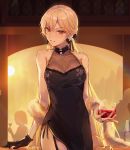 1girl alcohol black_dress blonde_hair china_dress chinese_clothes cocktail_dress cropped cup dress drinking_glass feather_boa flower garter_straps girls_frontline gloves jewelry long_dress long_hair looking_at_viewer niac ots-14_(girls_frontline) pearl_(gemstone) ribbon ring silhouette single_glove sleeveless sleeveless_dress smile wine wine_glass yellow_eyes 