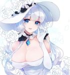  1girl azur_lane bangs blue_eyes breasts cleavage covered_nipples dress elbow_gloves eyebrows_visible_through_hair floating_hair flower gloves hair_ribbon hand_up hat head_tilt highres illustrious_(azur_lane) large_breasts long_hair looking_at_viewer open_mouth petals ribbon shichijou_natori simple_background smile solo strapless strapless_dress sun_hat tress_ribbon very_long_hair white_background white_dress white_gloves white_hair white_headwear 