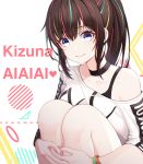  1girl a.i._channel absurdres bangs bare_shoulders black_choker black_shirt blue_eyes blush breasts brown_hair character_name choker collarbone commentary_request eyebrows_visible_through_hair hair_between_eyes hairband highres kizuna_ai long_hair looking_at_viewer multicolored_hair pink_hair pink_hairband pink_nails shirt smile soli_(pouiliuoq_soli) solo streaked_hair virtual_youtuber white_shirt 