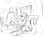  anthro baseball_bat bat_(object) black_and_white canid canine car chair clothed clothing disney duo eyes_closed finnick fox inside male mammal monochrome nick_wilde nobby_(artist) sketch sleeping van vehicle zootopia 