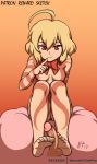  1boy 1girl ahoge akuma_no_riddle artist_name blonde_hair blush bow bowtie breasts breasts_apart closed_mouth feet finger_to_mouth footjob full_body_tattoo gradient gradient_background hashiri_nio looking_at_viewer nipples nude on_pillow orange_background pillow red_eyes red_neckwear shiny shiny_skin short_hair simple_background sitting small_breasts smile tattoo thenties thighs 