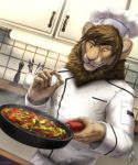  2019 5_fingers anthro aurru brown_hair brown_mane chef chef_hat clothed clothing cooking cookware cutlery detailed_background digital_media_(artwork) felid fingers food fork frying_pan fur hair hat headgear headwear holding_object jacket kitchen kitchen_knife kitchen_utensils knife lion male mammal mane pantherine pink_nose smile solo tan_fur tile_wall tools topwear uniform whiskers yellow_eyes 