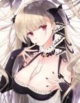  1girl azur_lane between_breasts blush breasts c_c cleavage closed_mouth dress eyebrows_visible_through_hair formidable_(azur_lane) frilled_dress frills grey_hair highres large_breasts long_hair looking_at_viewer red_eyes ribbon simple_background solo twintails two-tone_dress two-tone_ribbon very_long_hair white_background 