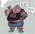  &lt;3 2019 anthro belly bottomwear bracelet bulge cigar clothing common_hippopotamus dramamine english_text facial_hair footwear gold_(metal) gold_necklace gold_tooth hippopotamid jewelry male mammal necklace overweight overweight_male ring sandals shirt shorts smoke solo speech_bubble standing stomach_hair tank_top tattoo text tight_clothing topwear 