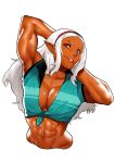  1girl abs aqua_shirt arm_up armpits arms_behind_head arms_up backlighting breasts cleavage collarbone commentary commission dark_elf elf elf-san_wa_yaserarenai. english_commentary front-tie_top hairband highres kuroeda-san large_breasts lips long_hair mole mole_under_eye muscle muscular_female navel no_bra pointy_ears popped_collar pose red_eyes red_hairband shiny shiny_skin shirt silver_hair smile solo torso uka_(cessa) upper_body white_background 