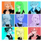  4girls 5boys adjusting_eyewear annette_fantine_dominique ashe_duran bespectacled bow closed_mouth dedue_molinaro dimitri_alexandre_bladud felix_hugo_fraldarius fire_emblem fire_emblem:_three_houses flayn_(fire_emblem) from_side garreg_mach_monastery_uniform glasses hair_bow hair_ornament highres ingrid_brandol_galatea long_hair long_sleeves low_ponytail mercedes_von_marltritz multiple_boys multiple_girls one_eye_closed open_mouth reo000222 short_hair simple_background smile sylvain_jose_gautier twintails uniform 