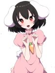  1girl :3 animal_ears arms_up barefoot black_hair blush bright_pupils bunny_ears bunny_tail carrot_necklace commentary_request dress fang floppy_ears hair_between_eyes head_tilt high_collar highres inaba_tewi open_mouth paw_pose pink_dress puffy_short_sleeves puffy_sleeves red_eyes short_hair short_sleeves simple_background sitting solo tail touhou tsukimirin wariza white_background white_pupils 