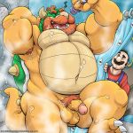  1:1 2019 5_fingers anthro armpit_hair balls beard biceps black_hair blooper bowser bubble clothed clothing dudebulge duo facial_hair fingers fully_clothed hair hi_res horn humanoid_penis koopa male mario mario_bros muscular muscular_male musical_note mustache nanvel nintendo nude overalls pecs penis pubes red_clothing red_hair red_shirt red_topwear scalie shell shirt showering singing solo_focus spiked_shell spikes topwear video_games wet 