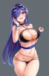  1girl :d ass_visible_through_thighs azur_lane bangs bikini black_bikini blue_scrunchie blush bracelet breasts choker cleavage collarbone eyebrows_visible_through_hair eyewear_on_head grey_background hair_over_one_eye hands_up jewelry large_breasts long_hair looking_at_viewer navel open_mouth phandit_thirathon purple_hair red_eyes scrunchie simple_background smile solo standing stomach sunglasses swimsuit thigh_gap trento_(azur_lane) trento_(summer&#039;s_hotness?)_(azur_lane) very_long_hair wrist_scrunchie wristlet 