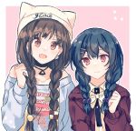  2girls bangs beanie blue_sweater blush bow braid brown_eyes brown_hair choker closed_mouth commentary english_text food fruit gocoli hair_bobbles hair_ornament hairclip hat highres idolmaster idolmaster_shiny_colors jacket long_hair long_sleeves looking_at_viewer low_braid low_twin_braids matching_hairstyle medium_hair morino_rinze multiple_girls off_shoulder pink_background print_shirt red_eyes red_jacket shirt simple_background smile sonoda_chiyoko strawberry sweater symbol_commentary twin_braids upper_body white_bow white_headwear 