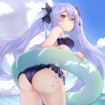  1girl absurdres arched_back ass azur_lane bare_shoulders bikini black_bikini black_bow blue_sky bow breasts brown_eyes cloud cloudy_sky cowboy_shot day dewey_(azur_lane) frilled_bikini frills hair_bow highres innertube lavender_hair long_hair looking_at_viewer looking_back ocean outdoors parted_lips ponta_(velmar) sidelocks sky small_breasts solo standing swimsuit twintails very_long_hair 