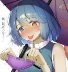  1girl :p bangs bare_shoulders blue_eyes blue_hair blue_vest blush bow bow_panties colored_eyelashes commentary_request eyebrows_visible_through_hair hair_between_eyes hands_up head_tilt heterochromia holding holding_panties nose_blush panties piyodesu purple_panties purple_umbrella red_eyes shirt short_hair simple_background sleeveless sleeveless_shirt smile solo tatara_kogasa tongue tongue_out touhou translation_request umbrella underwear upper_body vest white_background white_shirt 