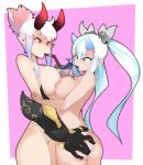  2girls absurdres arm_grab ass_grab blue_horns blush breasts bubble_tea_challenge commentary drinking_straw eyebrows_visible_through_hair gauntlets hair_between_eyes hair_ornament highres horns hot_vr large_breasts long_hair multiple_girls nipples nude original pink_background pointy_ears ponytail red_eyes red_horns simple_background twintails white_eyes white_hair 
