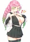  !! 1girl bangs belt belt_buckle black_jacket black_legwear blush braid breasts buckle cleavage closed_mouth cowboy_shot directional_arrow eyebrows_visible_through_hair flying_sweatdrops gradient_hair green_eyes green_hair highres jacket kanroji_matsuri kimetsu_no_yaiba large_breasts long_hair long_sleeves looking_down military military_jacket military_uniform multicolored_hair no_bra open_clothes open_jacket open_shirt parted_bangs pink_hair pleated_skirt pouty_lips shirt signature simple_background skindentation skirt solo thighhighs thore_(nathalukpol) twin_braids uniform v-shaped_eyebrows very_long_hair white_background white_jacket white_shirt zettai_ryouiki 