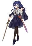  1girl absurdres alternate_costume bag blouse blue_eyes blue_hair breasts casual center_frills corset crest ebinku fire_emblem fire_emblem_awakening high-waist_skirt highres holding holding_jacket holding_sword holding_weapon jacket jacket_on_shoulders legs_apart loafers long_hair looking_at_viewer lucina_(fire_emblem) meme_attire ponytail satchel scabbard sheath shoes simple_background skirt sleeves_rolled_up smile solo suspender_skirt suspenders sword thighhighs underbust virgin_killer_outfit walking weapon white_background white_blouse 