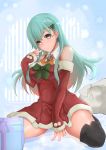  1girl alternate_costume bare_shoulders breasts detached_sleeves green_eyes green_hair kantai_collection long_hair medium_breasts meo_(1271884559) presenting sack smile solo suzuya_(kantai_collection) thighhighs thighs 