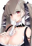  1girl azur_lane bare_shoulders blush bow breasts cleavage collarbone commentary_request detached_collar earrings formidable_(azur_lane) frills grey_hair hair_bow hand_on_own_chest hand_up highres jewelry large_breasts long_hair looking_at_viewer mouth_hold red_eyes schreibe_shura simple_background solo twintails upper_body white_background 