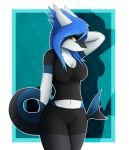  anthro blue_hair bottomwear breasts cleavage clothed clothing eyelashes female fish hair hi_res marine midriff navel shark shorts smile solo sophie_(zigzagmag) zigzagmag 