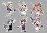  6+girls arm_up armpits bangs black_neckwear blonde_hair blue_eyes blue_sailor_collar braid brown_eyes brown_hair commentary_request dress fang gloves hair_ribbon hairband hat headgear holding holding_weapon janus_(kantai_collection) kantai_collection libeccio_(kantai_collection) long_hair long_sleeves maestrale_(kantai_collection) mini_hat mogamiya_honu multiple_girls nenohi_(kantai_collection) one_eye_closed ooshio_(kantai_collection) orange_eyes orange_hairband parted_bangs pink_hair purple_hair remodel_(kantai_collection) ribbon sailor_collar sailor_dress sailor_hat school_uniform serafuku shiratsuyu_(kantai_collection) short_sleeves short_twintails single_braid sleeveless tan translation_request turret twintails weapon white_dress white_gloves white_headwear 