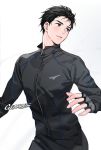  1boy arms_at_sides artist_name black_hair black_jacket blush brown_eyes expressionless fingerless_gloves fingernails gearous gloves grey_gloves hair_slicked_back highres jacket katsuki_yuuri looking_away male_focus messy_hair pants parted_lips shaded_face simple_background sweat track_jacket track_pants upper_body white_background yuri!!!_on_ice zipper 