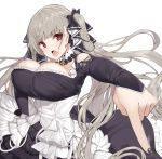  1girl azur_lane bangs bare_shoulders black_dress black_nails blush breasts dress earrings eyebrows_visible_through_hair floating_hair formidable_(azur_lane) frilled_dress frills grey_hair hair_ribbon hand_on_hip highres jewelry large_breasts long_hair long_sleeves looking_at_viewer motion_blur open_mouth red_eyes ribbon simple_background solo twintails two-tone_dress very_long_hair white_background yappen 