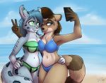  anthro beach bikini blue_eyes blue_fur blue_hair blush breasts cleavage clothed clothing duo felid feline female fur green_eyes hair hand_on_hip mammal peace_sign_(disambiguation) phone pose procyonid raccoon seaside selfie smile spots stargazer swimwear tongue tongue_out water 