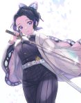  1girl akina_(akn_646) bangs belt black_hair breasts bug butterfly butterfly_hair_ornament hair_ornament haori highres insect japanese_clothes katana kimetsu_no_yaiba kochou_shinobu long_hair long_sleeves looking_at_viewer parted_bangs purple_eyes purple_hair short_hair simple_background smile solo sword uniform weapon wide_sleeves 