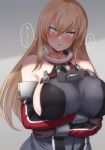  1girl arms_under_breasts bare_shoulders bismarck_(kantai_collection) blonde_hair blue_eyes blush breast_hold breasts brown_gloves commentary_request crossed_arms detached_sleeves gloves hair_between_eyes highres huge_breasts kantai_collection long_hair looking_at_viewer military military_uniform ryuun_(stiil) sideboob solo speech_bubble translation_request uniform upper_body 