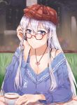  1girl absurdres azur_lane beret bespectacled blouse breasts brown_headwear cleavage coffee_cup collarbone commentary_request cup disposable_cup enterprise_(azur_lane) glasses hand_on_own_cheek hat highres jewelry large_breasts long_hair looking_at_viewer necklace pov_across_table purple_blouse purple_eyes red-framed_eyewear silver_hair solo upper_body very_long_hair yuking 
