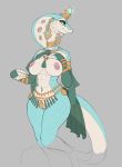  anthro armwear breasts bridal_gauntlets clothing ear_piercing ear_ring female grey_background hand_on_breast hi_res jewelry neck_ring nipple_piercing nipple_ring nipples non-mammal_breasts piercing reptile scalie serpentine-drifter simple_background snake snake_hood solo 