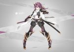  1girl alternate_costume armor azur_lane breasts character_name commentary_request highres holding holding_sword holding_weapon izumo_(azur_lane) katana kuroba_chihiro large_breasts light_blush light_frown long_hair oni_horns pointy_ears purple_eyes purple_hair scabbard sheath solo sword weapon 