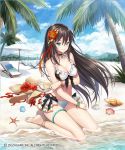  1girl anklet aqua_eyes bangle bangs bare_shoulders beach bikini black_hair bracelet breasts collarbone day flower groin hair_flower hair_ornament hat jewelry kagachi_saku long_hair looking_at_viewer medium_breasts navel ocean official_art outdoors sand shoes_removed sitting solo stomach straw_hat swimsuit thighlet thighs wariza white_bikini 