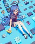 1girl artist_name atari atari_2600 black_footwear black_skirt blue_eyes blue_hair controller destiny_child famicom game_boy game_console game_controller glasses handheld_game_console highres kkuem long_hair looking_at_viewer neckerchief nintendo nintendo_64 nintendo_ds nintendo_switch playstation red_neckwear signature sitting skirt solo sony thighhighs very_long_hair white_legwear wii_remote 