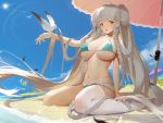  1girl :o absurdres animal animal_on_head aqua_bikini arm_up azur_lane bangs bare_shoulders beach beach_umbrella bikini bird bird_on_head blunt_bangs blush braid breasts bright_pupils cubies_(tiger_205) double_bun eyebrows_visible_through_hair formidable_(azur_lane) formidable_(the_lady_of_the_beach)_(azur_lane) highres large_breasts lens_flare long_hair looking_at_viewer multi-strapped_bikini navel on_ground on_head open_mouth palm_tree red_eyes seagull silver_hair single_thighhigh sitting skindentation solo stomach sun sweat swimsuit thighhighs tree twin_braids umbrella underboob very_long_hair wariza white_legwear 
