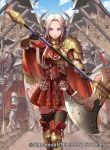  1girl armor army axe bangs blonde_hair blue_eyes blunt_bangs cape dress edelgard_von_hresvelg fire_emblem fire_emblem:_three_houses fire_emblem_cipher hair_ribbon i-la long_hair official_art ribbon solo thighhighs weapon 