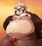  2019 anthro balls belly blush bodily_fluids brown_fur bulge canid canine clothing fundoshi fur goemon_(tas) hi_res humanoid_hands japanese_clothing male mammal moobs navel nipples overweight overweight_male penis pomupomu490 pubes raccoon_dog solo sweat tanuki tokyo_afterschool_summoners underwear video_games 