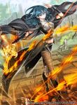  1girl armor bangs black_armor black_footwear blue_eyes blue_hair byleth_(fire_emblem) byleth_(fire_emblem)_(female) dagger fire_emblem fire_emblem:_three_houses fire_emblem_cipher gloves glowing glowing_sword glowing_weapon hair_between_eyes jacket looking_at_viewer official_art pantyhose stomach sword tagme toyo_sao tunic weapon whip_sword 