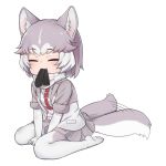 1girl animal_ears blush closed_eyes closed_mouth dog_(mixed_breed)_(kemono_friends) dog_ears dog_tail elbow_gloves eyebrows_visible_through_hair facing_viewer gloves grey_hair kemono_friends mouth_hold nyifu pantyhose short_hair short_sleeves sitting socks solo tail tail_wagging wariza white_gloves white_hair white_legwear 