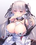  1girl azur_lane bangs bare_shoulders between_breasts black_dress blush breasts cleavage dress earrings eyebrows_visible_through_hair finger_to_mouth formidable_(azur_lane) frilled_dress frills gradient gradient_background grey_hair hair_ribbon highres jewelry large_breasts long_hair long_sleeves looking_at_viewer playing_with_own_hair red_eyes ribbon simple_background skindentation solo tougetsu_gou twintails two-tone_dress two-tone_ribbon very_long_hair 