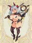  1girl animal_ears axe black_legwear breasts carrying_over_shoulder covered_nipples curvy dairoku_youhei earrings eyebrows_visible_through_hair fake_animal_ears flower full_body gauntlets hair_flower hair_ornament hand_on_hip high_heels holding holding_axe huge_breasts jewelry long_hair maebari navel official_art pasties revealing_clothes ryoji_(nomura_ryouji) silver_hair smile solo thighhighs twintails yellow_eyes 
